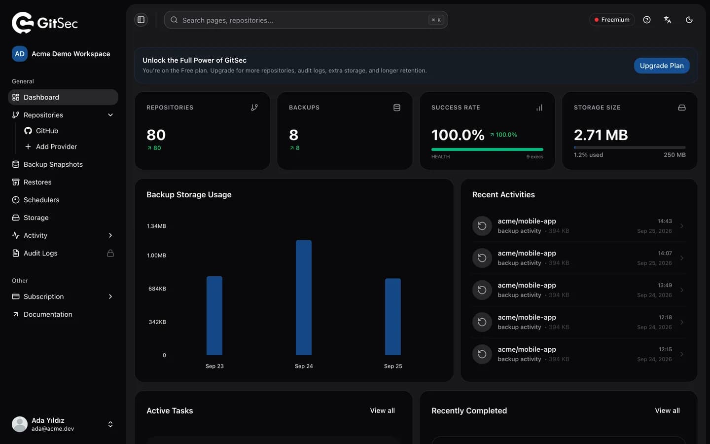 GitSec dashboard with repository, backup and storage statistics