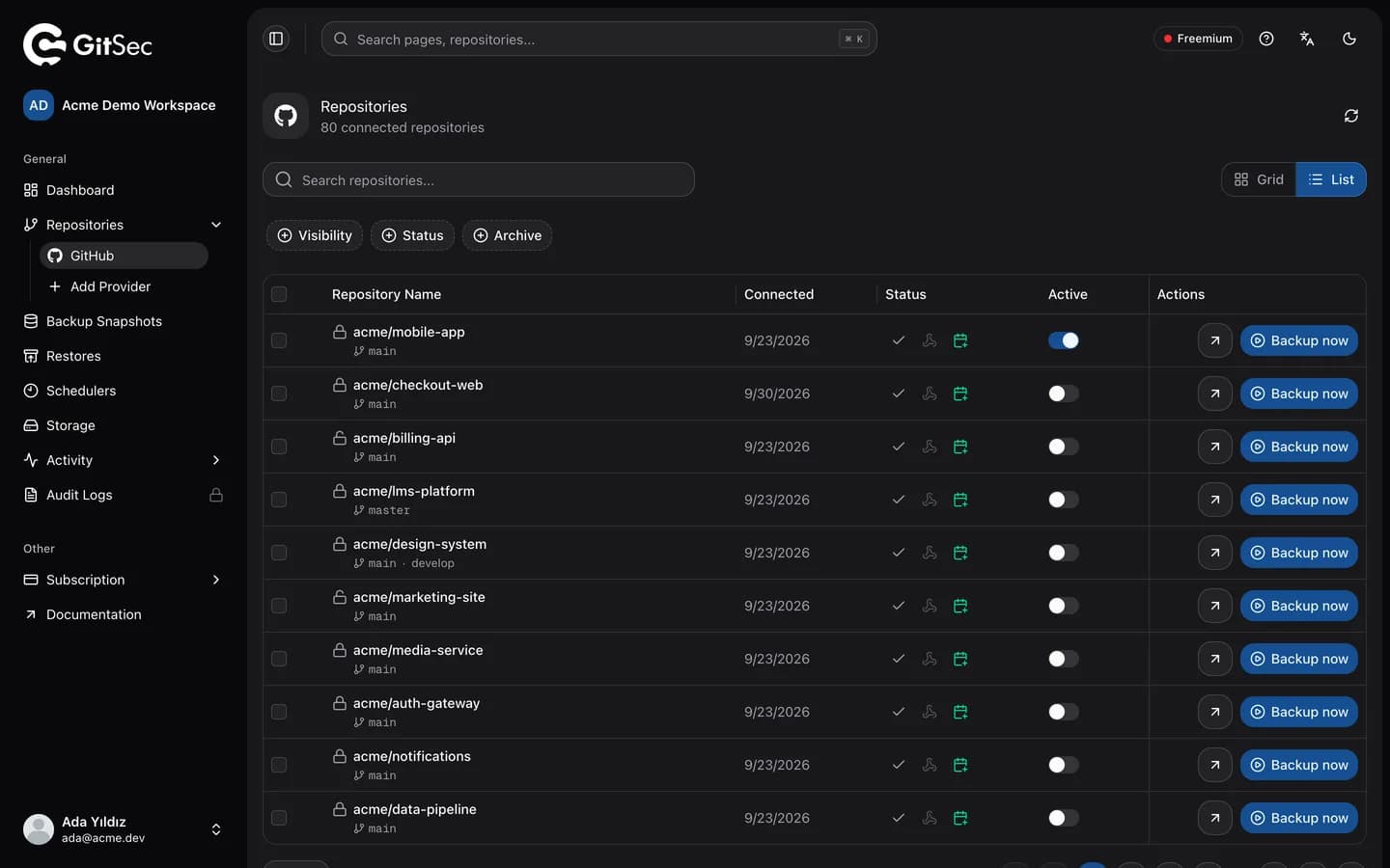 Repositories list with backup status and backup actions
