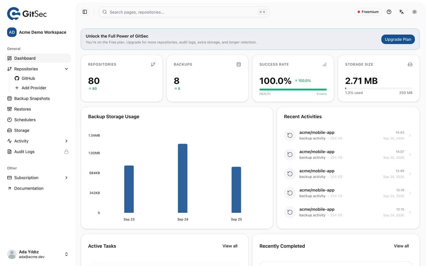 GitSec dashboard with repository, backup and storage statistics