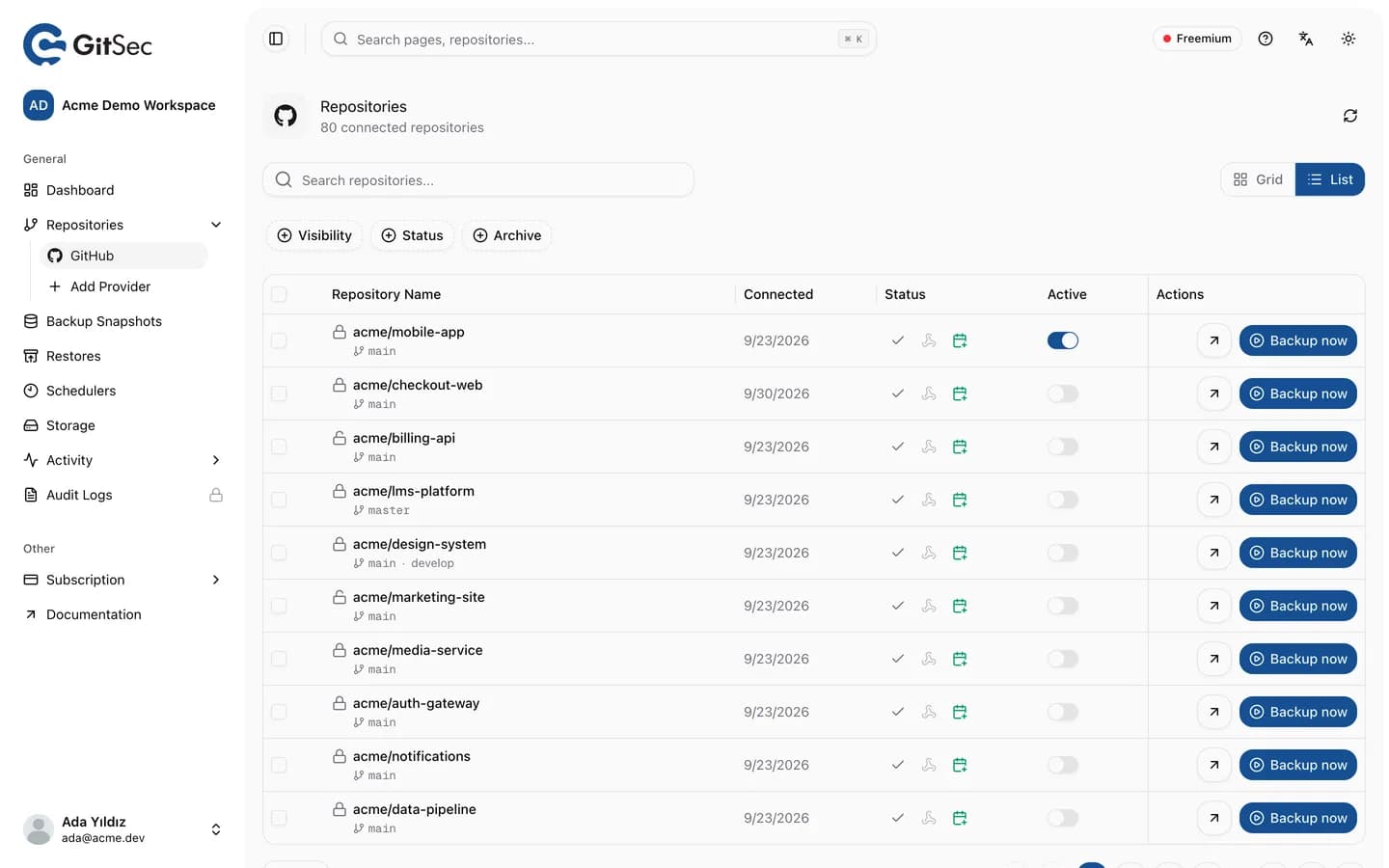 Repositories list with backup status and backup actions